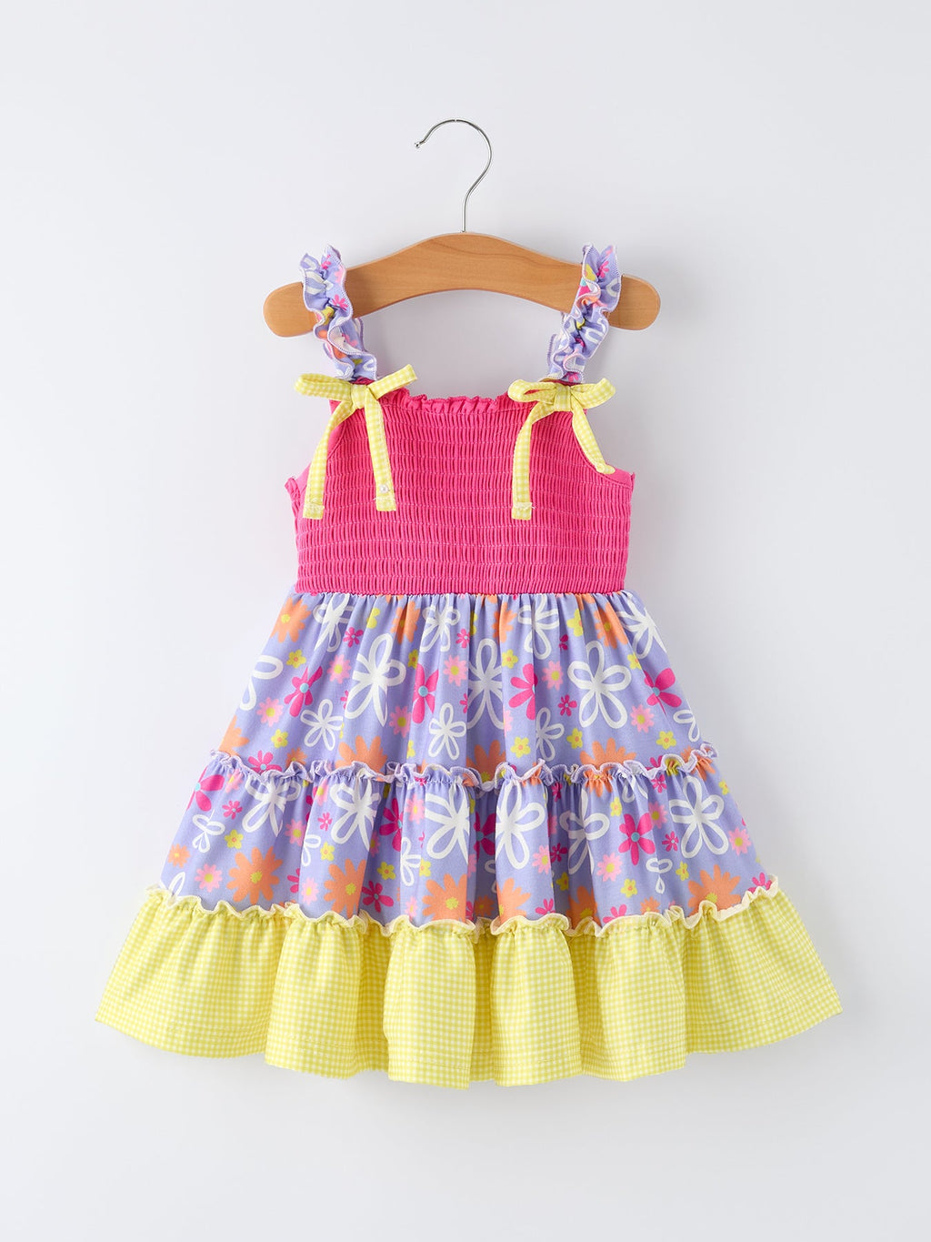 Summer Floral Girls Bow Ruffle Smocked Dress