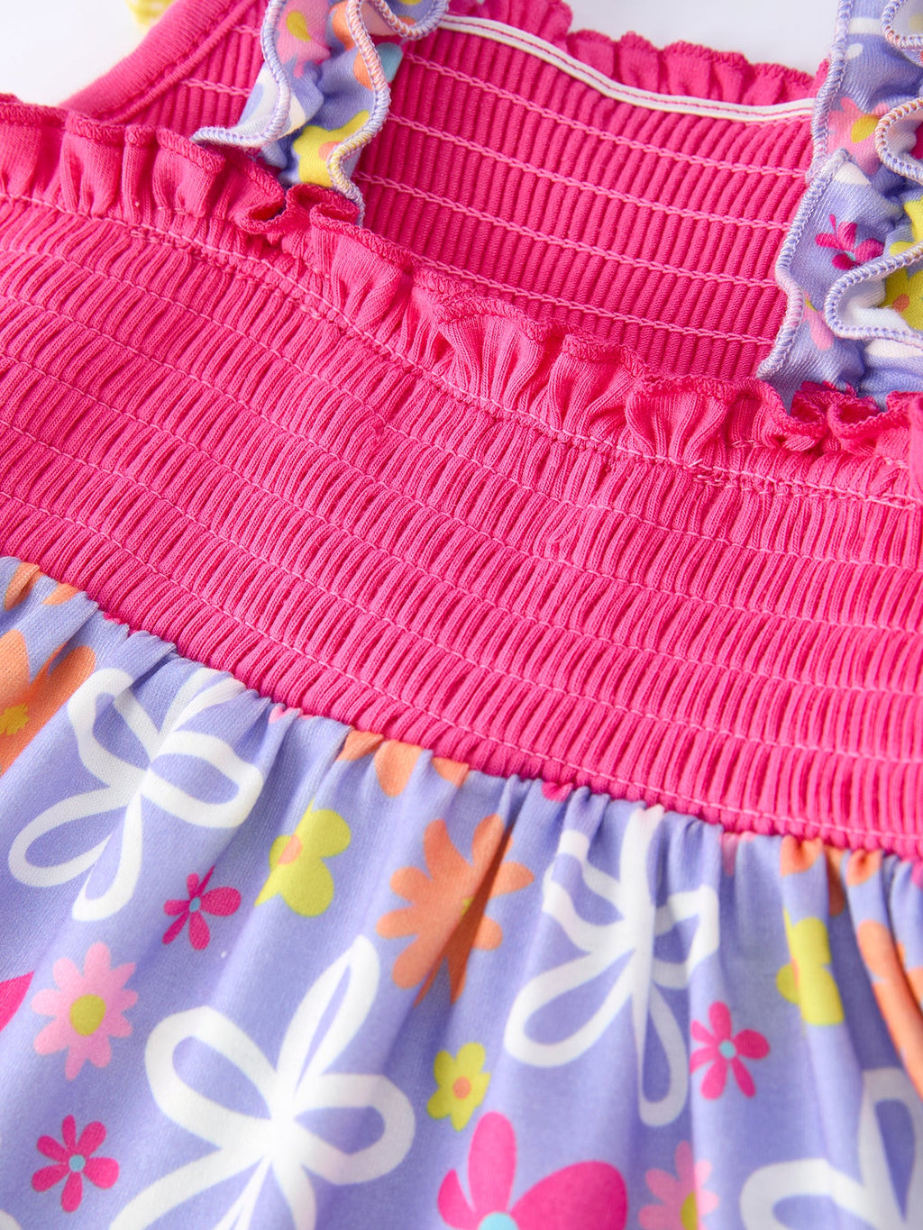 Summer Floral Girls Bow Ruffle Smocked Dress