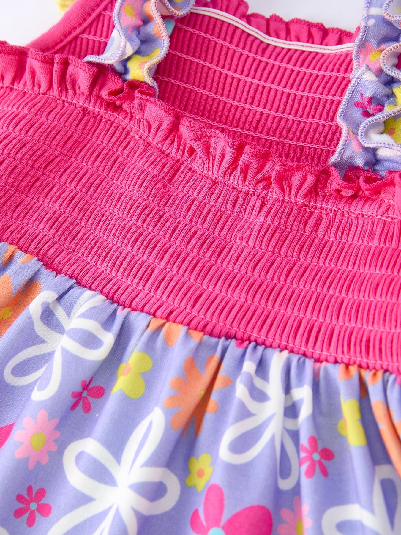 Summer Floral Girls Bow Ruffle Smocked Dress