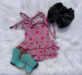 Cow print cherry ruffle romper
