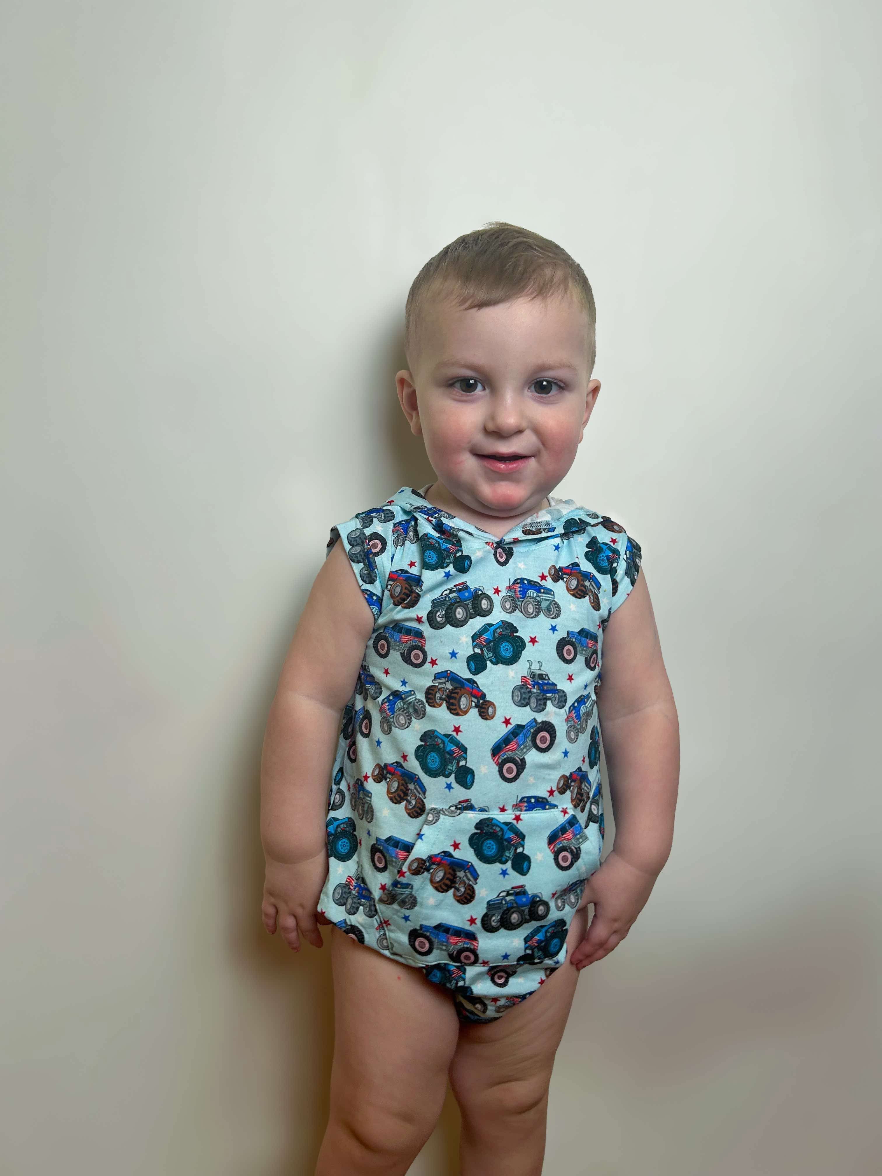 Red, White & Vrooooom Hooded Bamboo Romper (FINAL SALE)