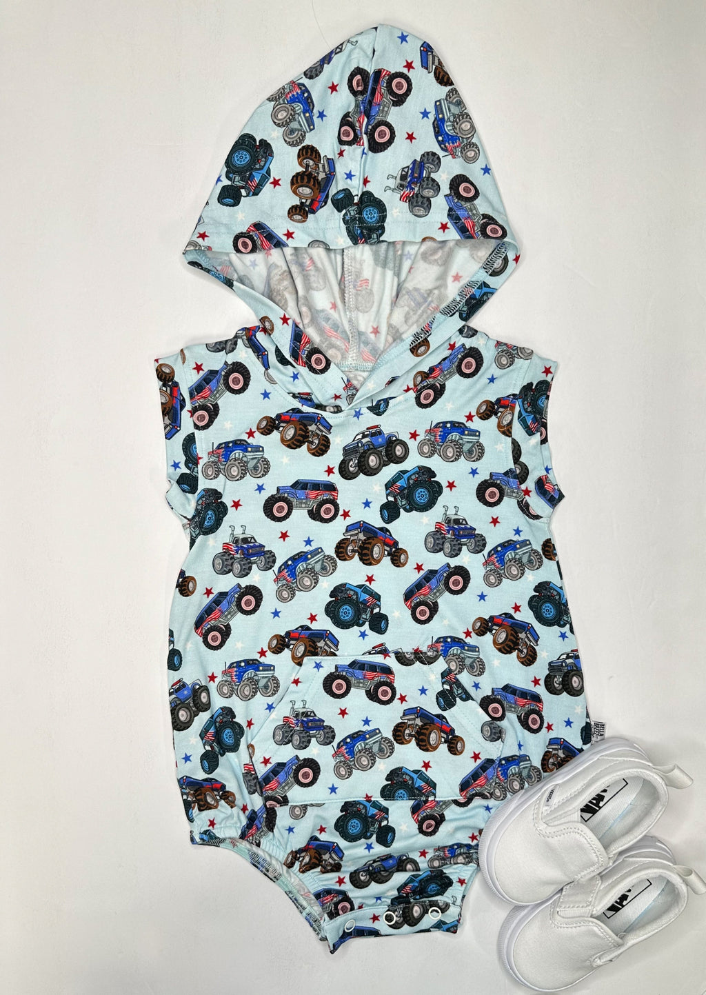 Red, White & Vrooooom Hooded Bamboo Romper (FINAL SALE)