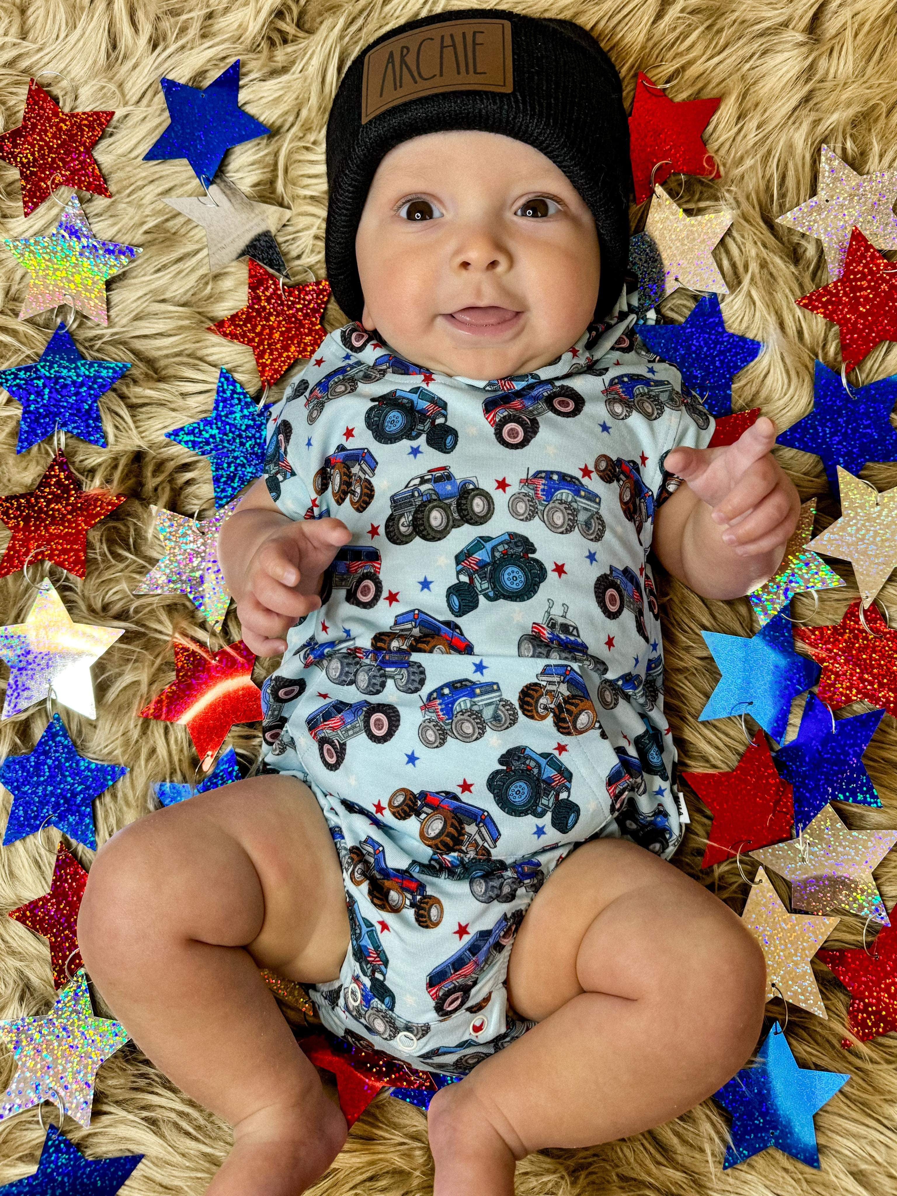 Red, White & Vrooooom Hooded Bamboo Romper (FINAL SALE)